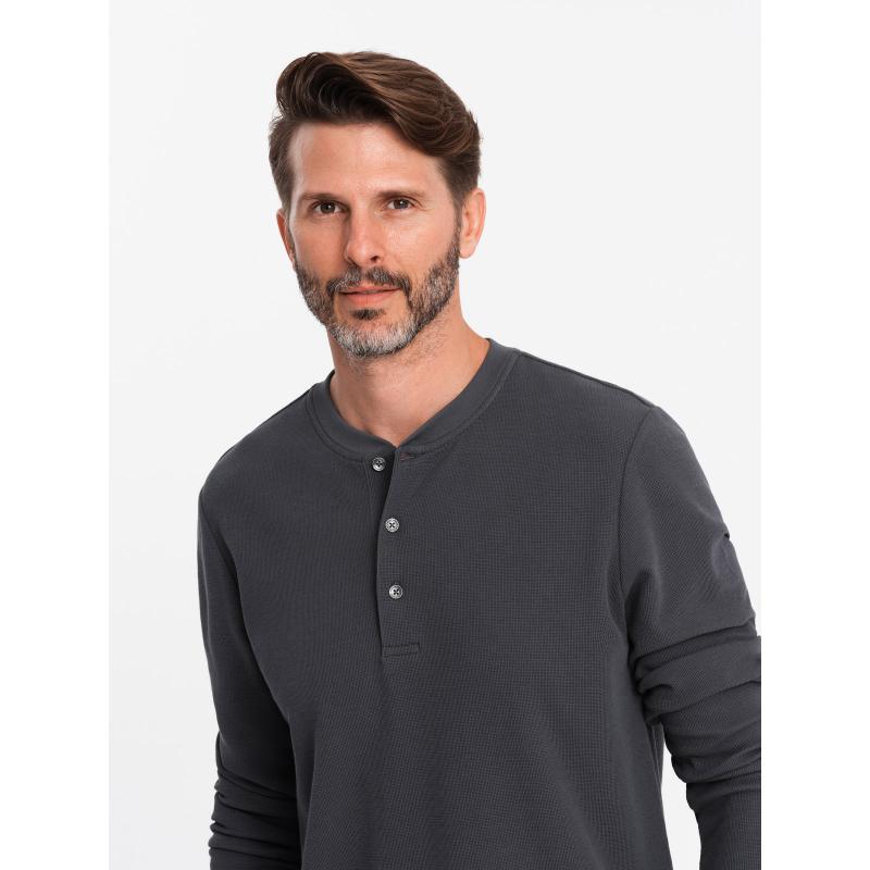 Pánský dlouhý rukáv s knoflíky u krku z vaflového úpletu grafitový 