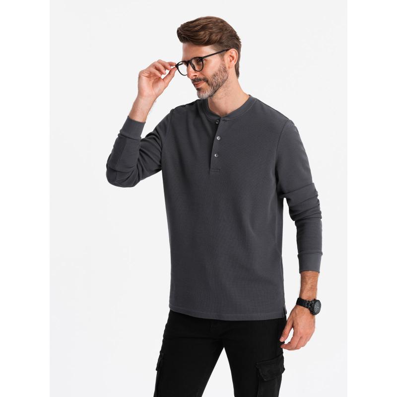 Pánský dlouhý rukáv s knoflíky u krku z vaflového úpletu grafitový 