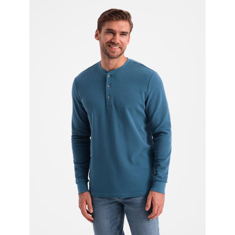 Pánský dlouhý rukáv z vaflového úpletu zapínaný u krku modrý denim 