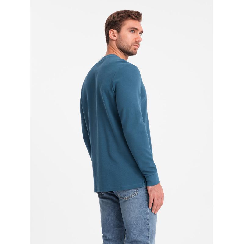 Pánský dlouhý rukáv z vaflového úpletu zapínaný u krku modrý denim 