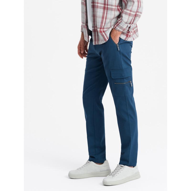 Pánské cargo kalhoty STRAIGHT LEG s kapsami na zip tmavě modré 