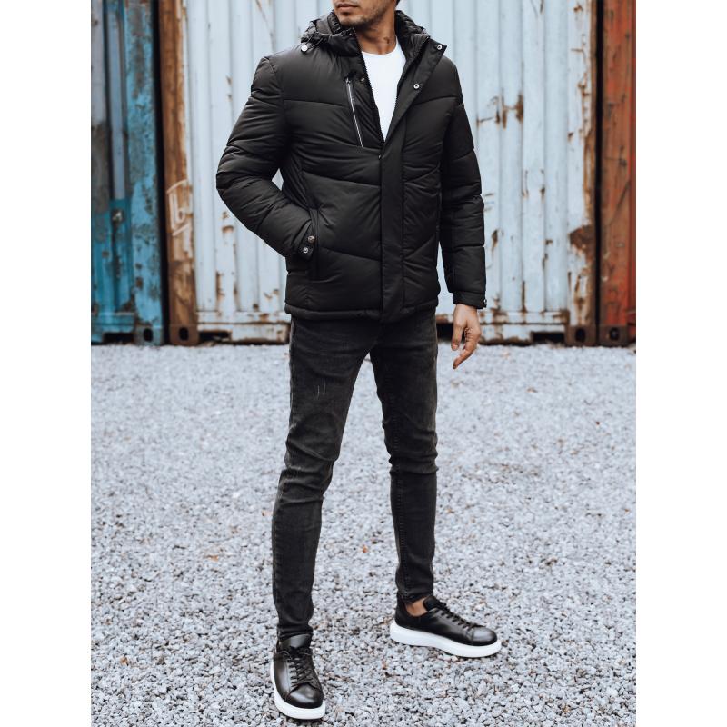 Férfi télikabát levehető kapucnival fekete