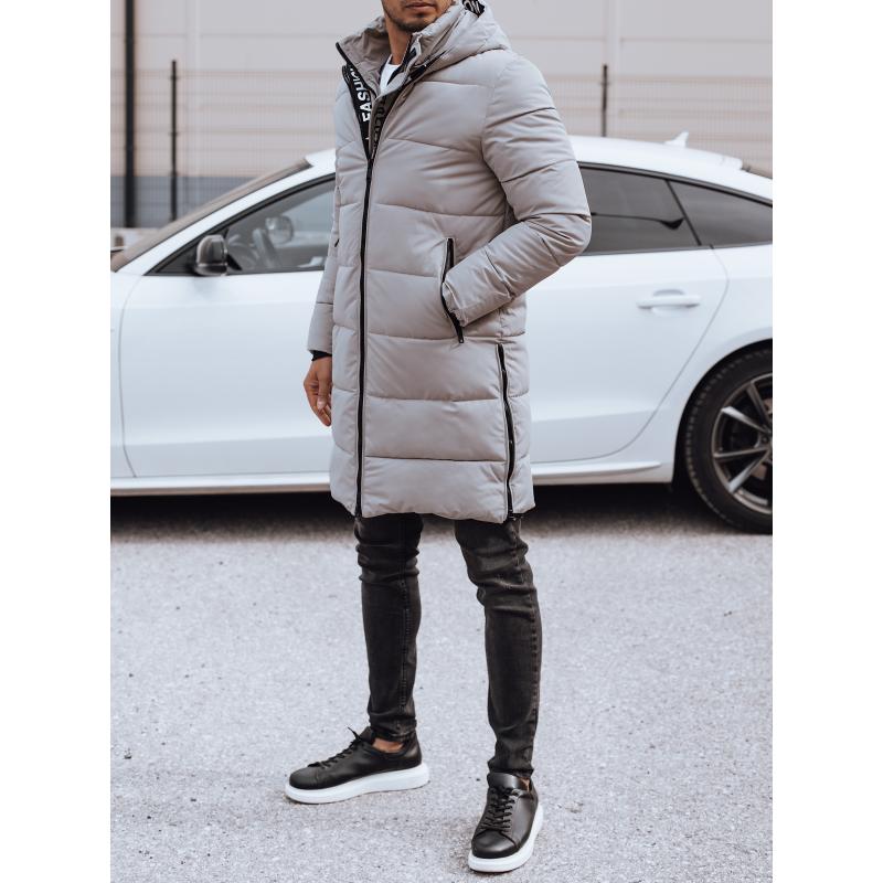 Férfi hosszú télikabát levehető kapucnival steppelt bézs színben