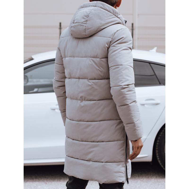 Férfi hosszú télikabát levehető kapucnival steppelt bézs színben