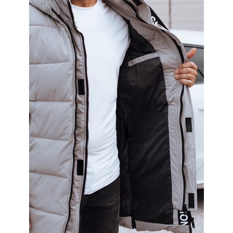 Férfi hosszú télikabát levehető kapucnival steppelt bézs színben