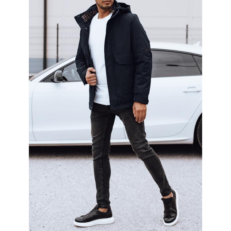 Férfi télikabát levehető kapucnival sötétkék