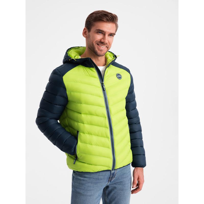 Pánská prošívaná nylonová bunda ve sportovním stylu limetkově zelená