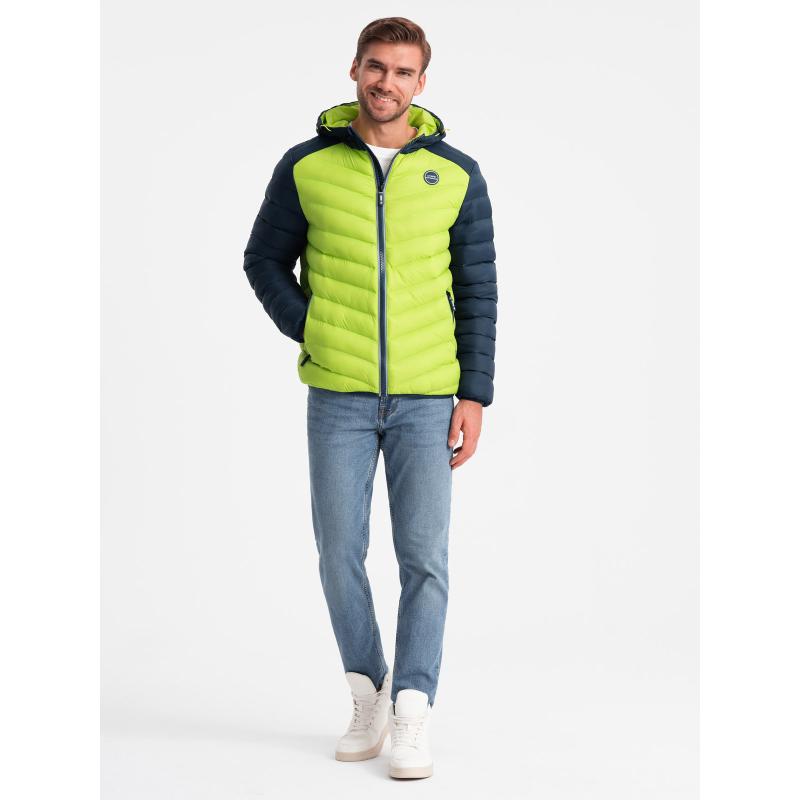 Pánská prošívaná nylonová bunda ve sportovním stylu limetkově zelená