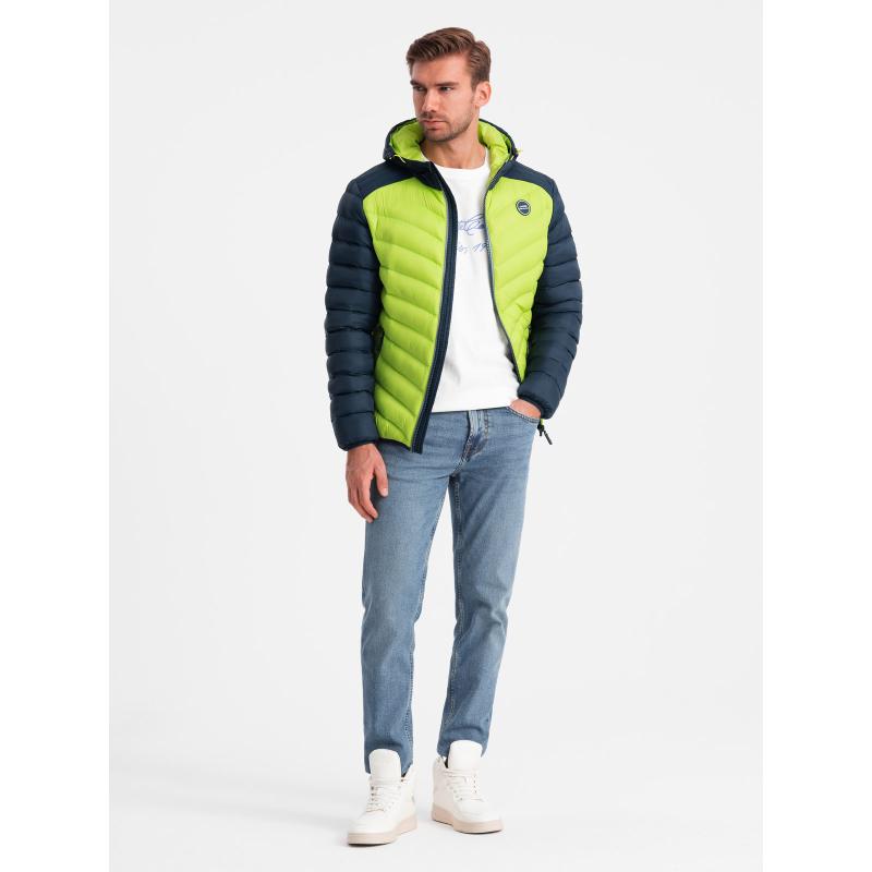 Pánská prošívaná nylonová bunda ve sportovním stylu limetkově zelená