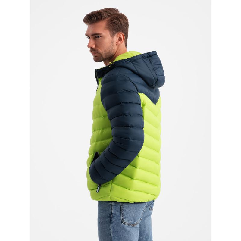 Pánská prošívaná nylonová bunda ve sportovním stylu limetkově zelená