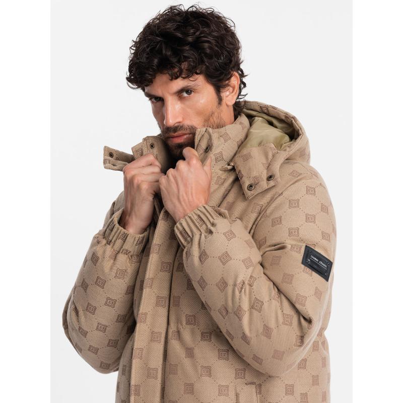Férfi mintás pehelypaplan dzseki kapucnival barna