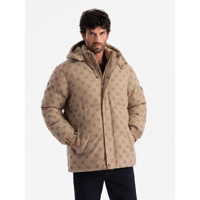 Férfi mintás pehelypaplan dzseki kapucnival barna