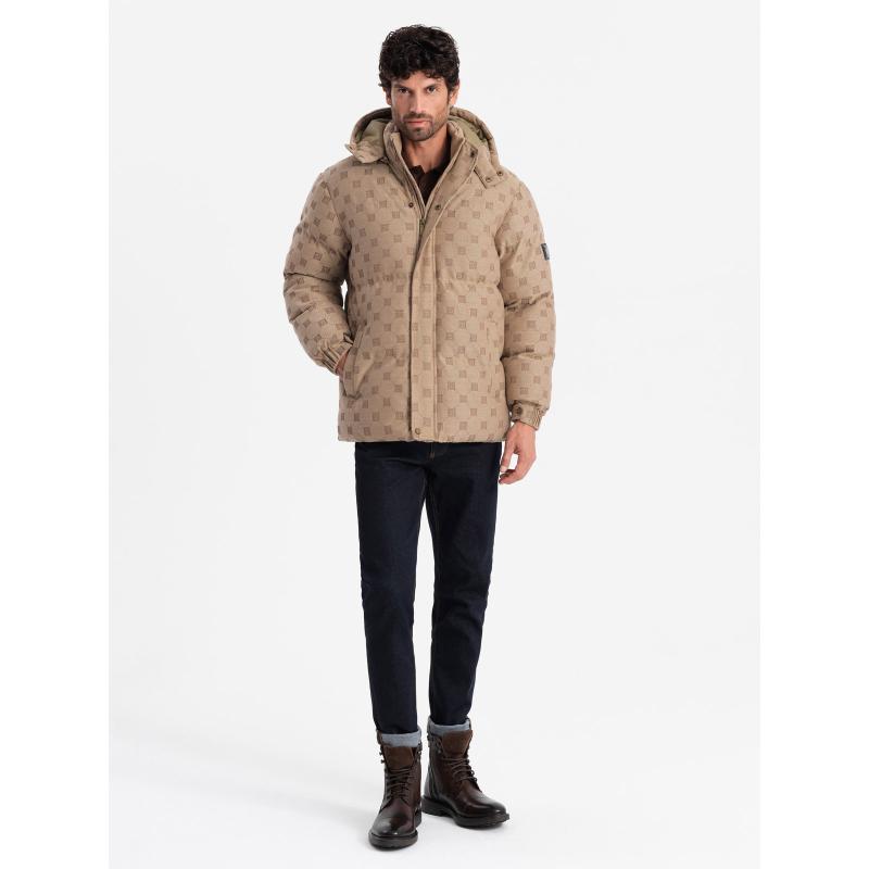 Férfi mintás pehelypaplan dzseki kapucnival barna