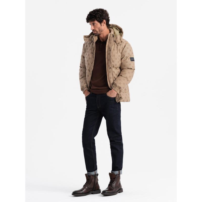 Férfi mintás pehelypaplan dzseki kapucnival barna