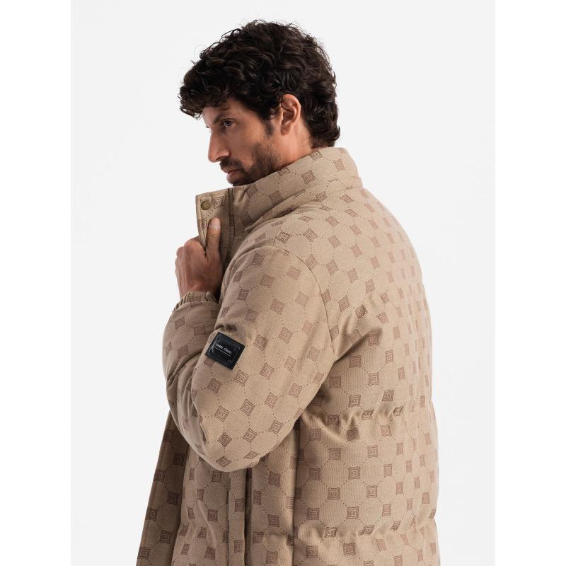 Férfi mintás pehelypaplan dzseki kapucnival barna