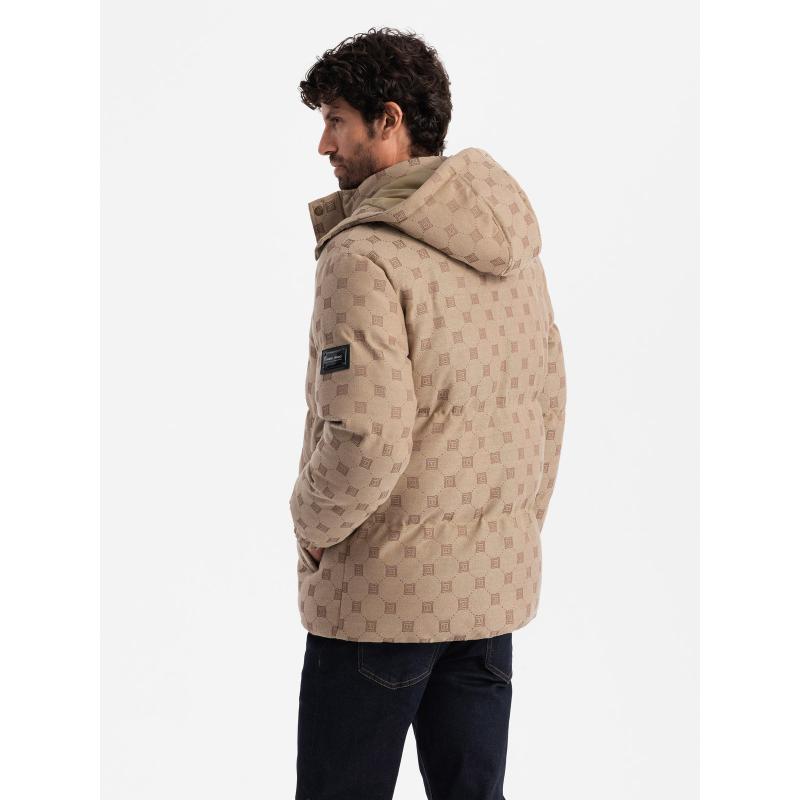 Férfi mintás pehelypaplan dzseki kapucnival barna