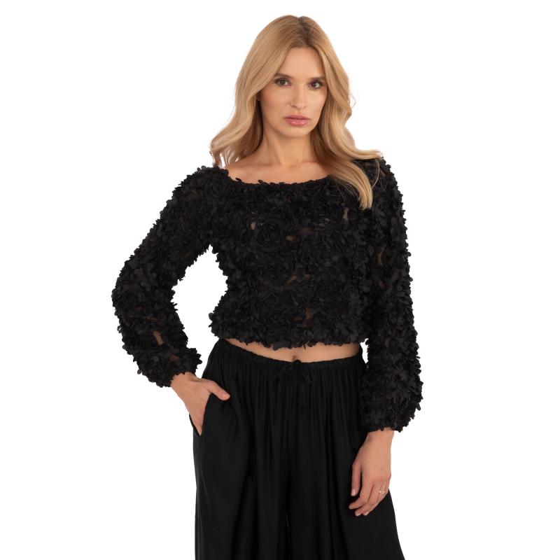 Női blúz 3D-s virágos applikációval formális fekete