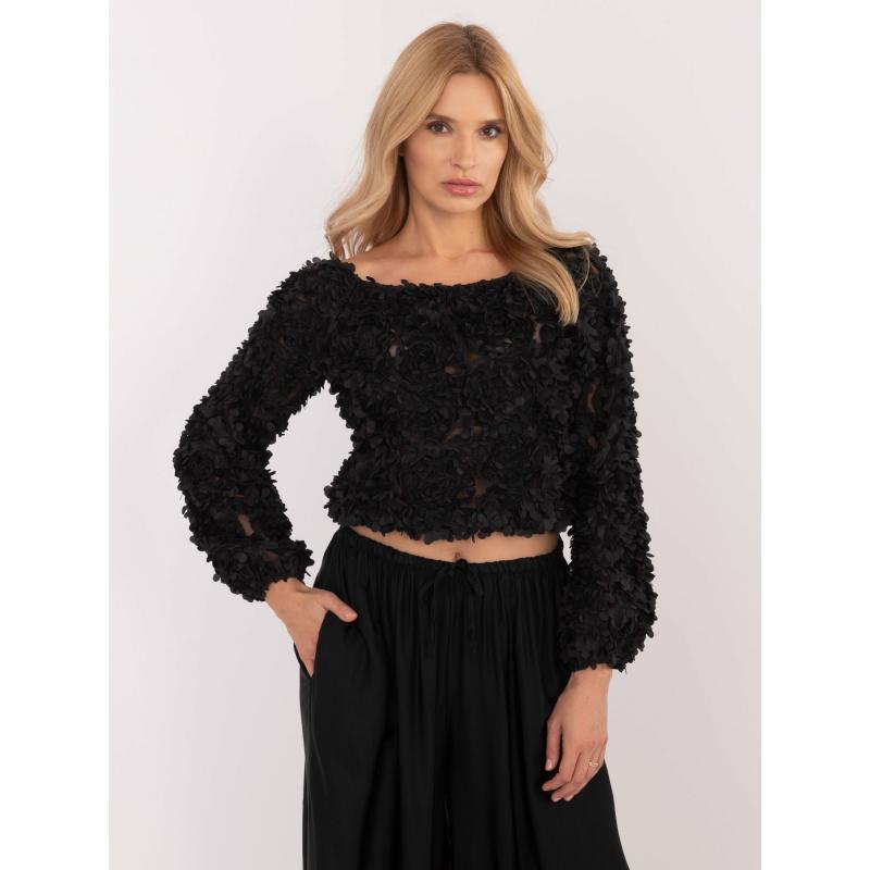 Női blúz 3D-s virágos applikációval formális fekete