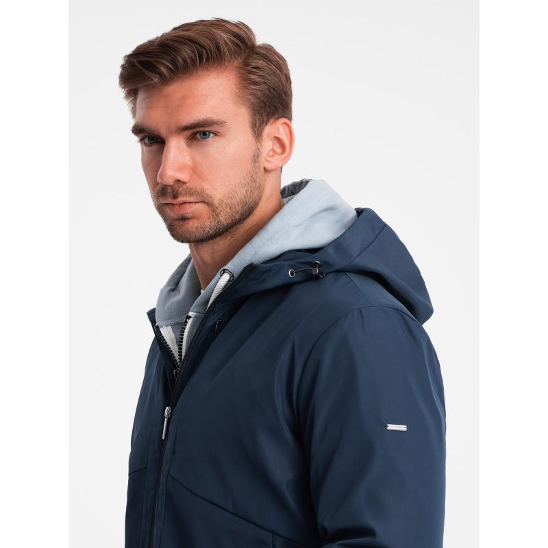 Pánská lehká bunda s kapucí a síťovanou podšívkou tmavě modrá