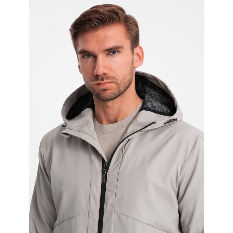 Pánská lehká bunda se síťovanou podšívkou a kapucí šedá 