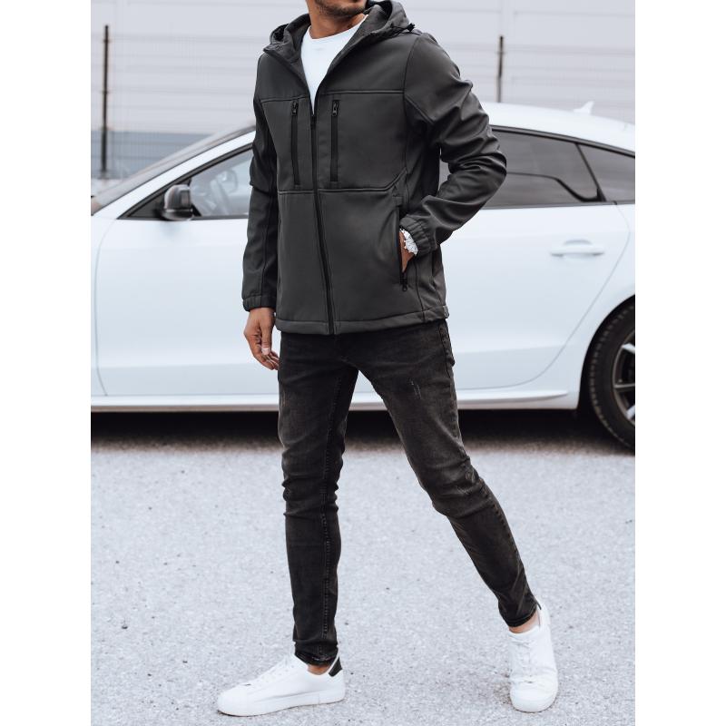 Férfi átmeneti softshell kabát kapucnival sötétszürke színben