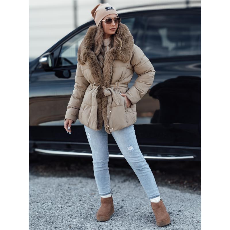 Női télikabát FURSOFT steppelt, kapucnival bézs színben
