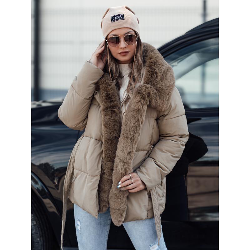 Női télikabát FURSOFT steppelt, kapucnival bézs színben