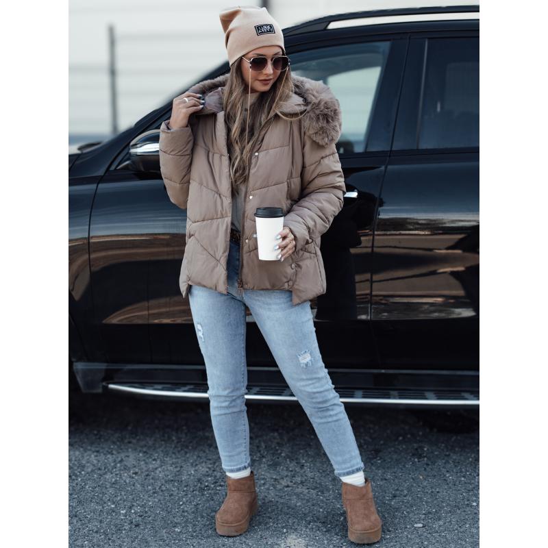 Női télikabát FIXMIX steppelt, sötétbézs kapucnival