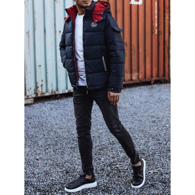 Pánská zimní bunda prošívaná s kapucí tmavě modrá