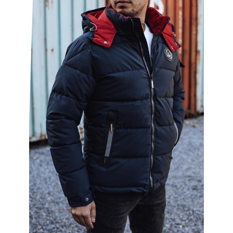 Pánská zimní bunda prošívaná s kapucí tmavě modrá