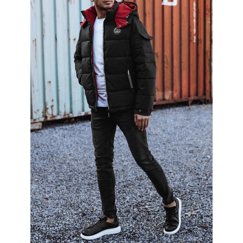 Férfi téli steppelt kabát kapucnival fekete