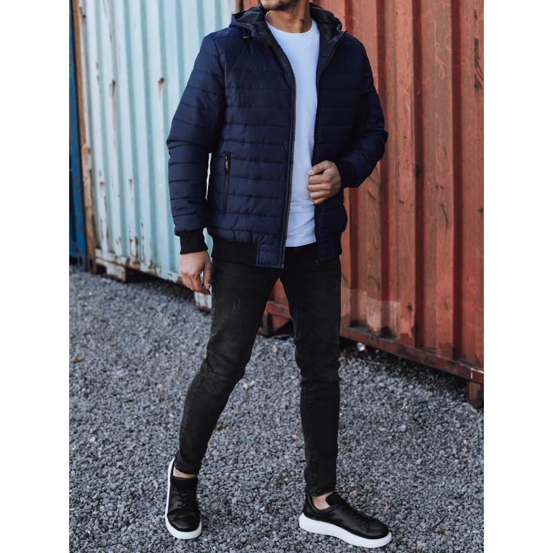 Pánská přechodová bunda prošívaná s kapucí tmavě modrá