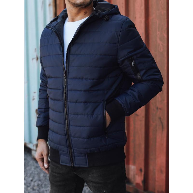 Pánská přechodová bunda prošívaná s kapucí tmavě modrá