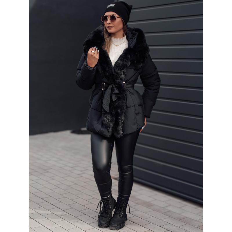 Női télikabát FURSOFT hosszú steppelt, kapucnival fekete