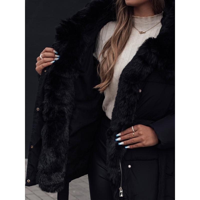 Női télikabát FURSOFT hosszú steppelt, kapucnival fekete