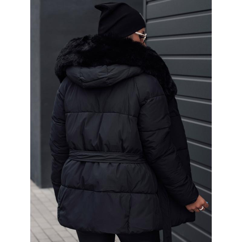 Női télikabát FURSOFT hosszú steppelt, kapucnival fekete