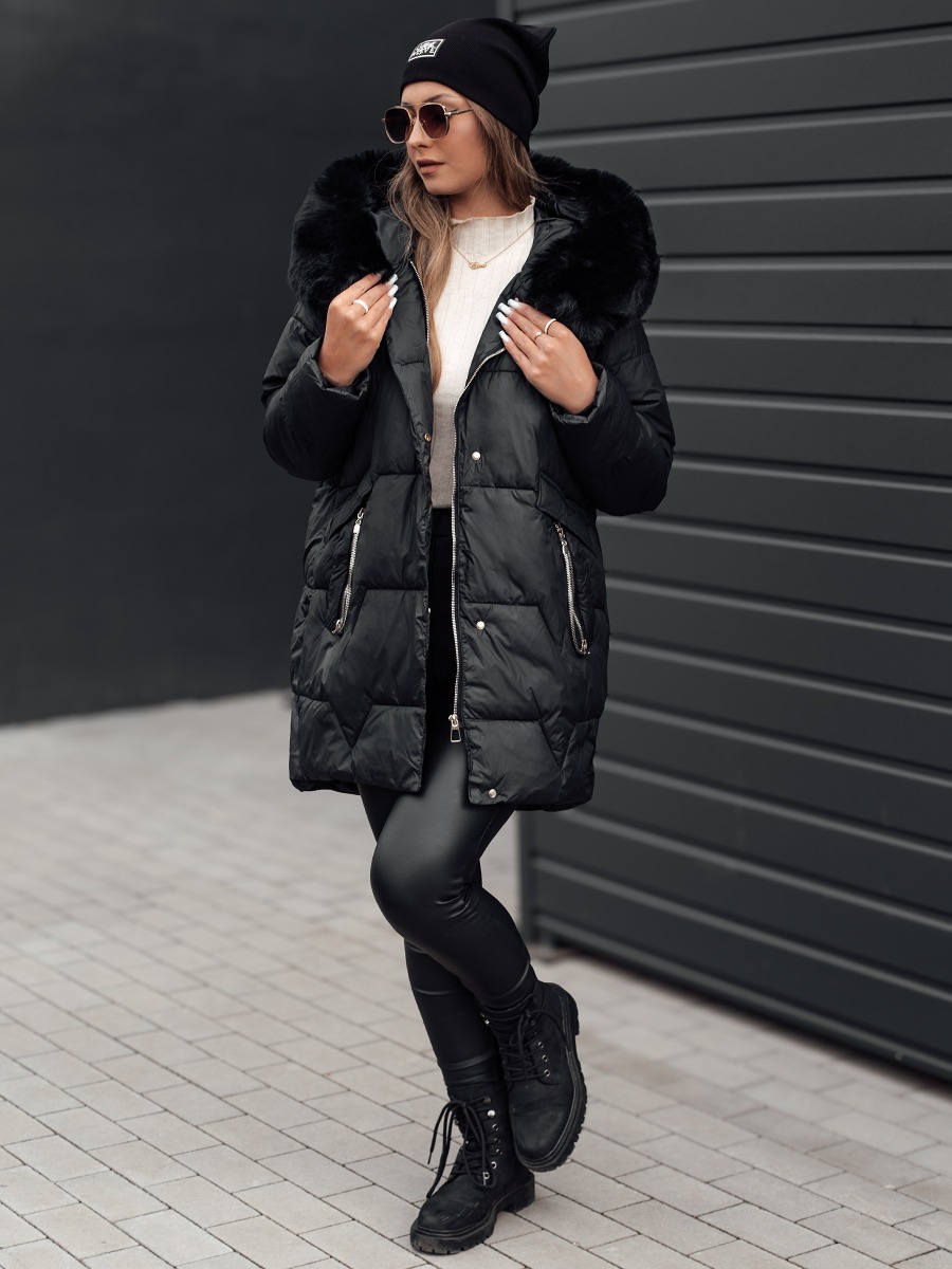 Női télikabát FROSTYFIT steppelt kapucnival fekete