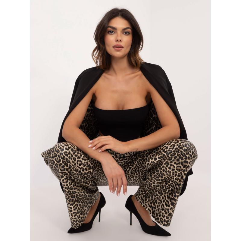 Béžovo-černé vzorované kožené kalhoty v barvě ecru