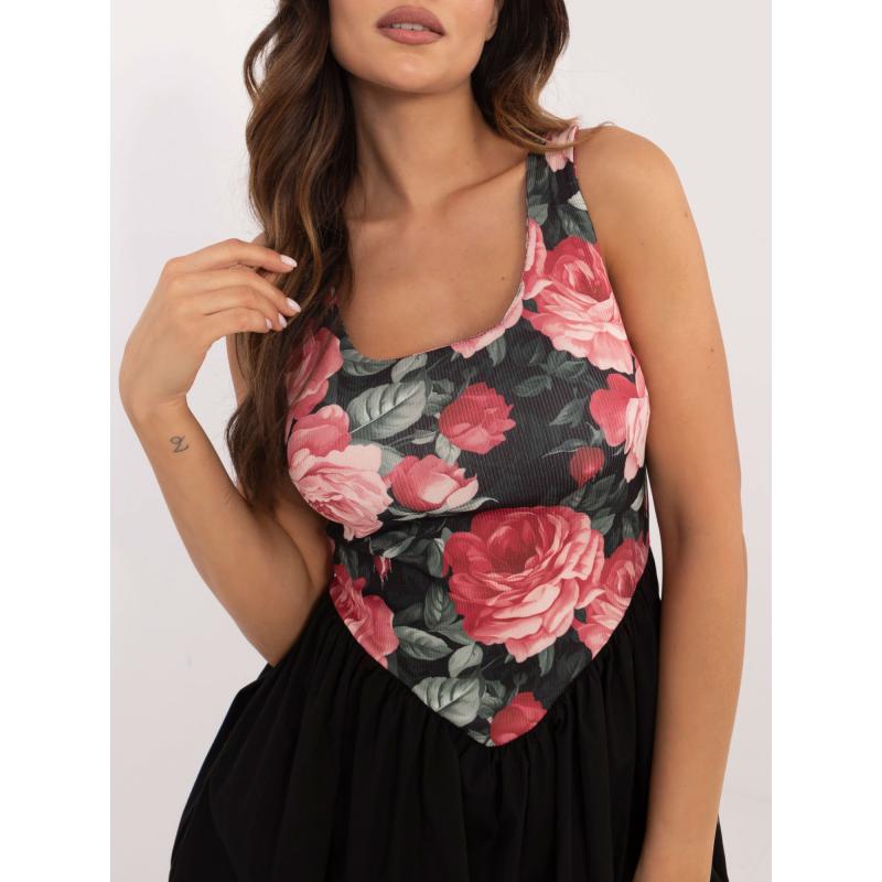 Rózsaszín-fekete miniruha virágmintával