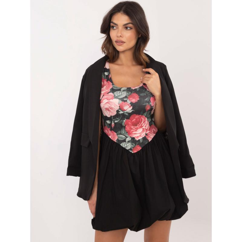 Rózsaszín-fekete miniruha virágmintával