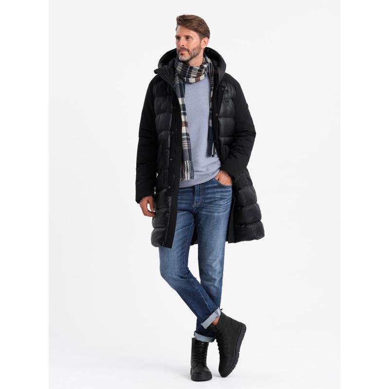 Pánská dlouhá prošívaná bunda s velkými kapsami - černá V1