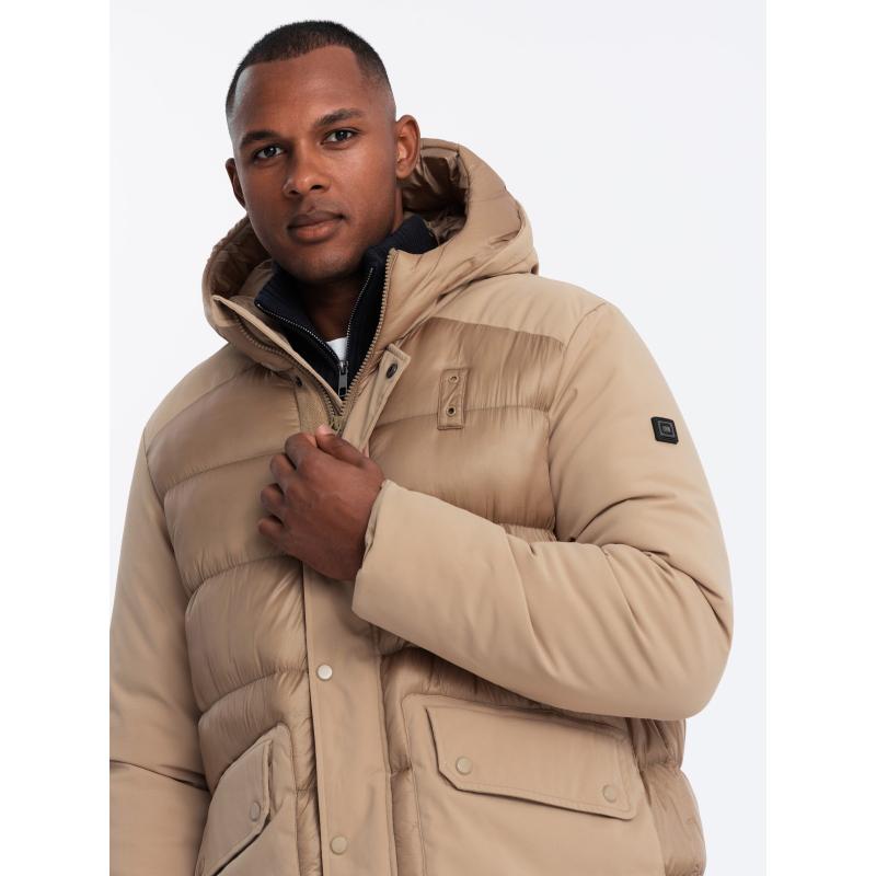 Férfi hosszú steppelt kabát nagy zsebekkel - bézs V2