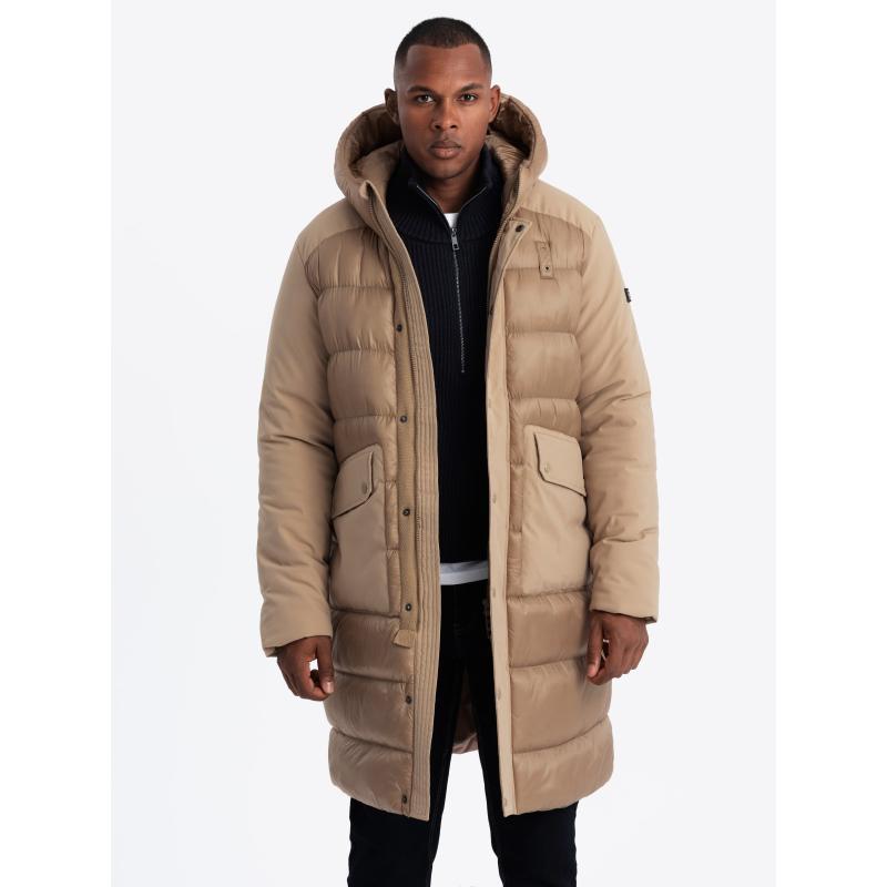 Férfi hosszú steppelt kabát nagy zsebekkel - bézs V2