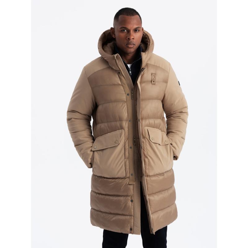 Férfi hosszú steppelt kabát nagy zsebekkel - bézs V2