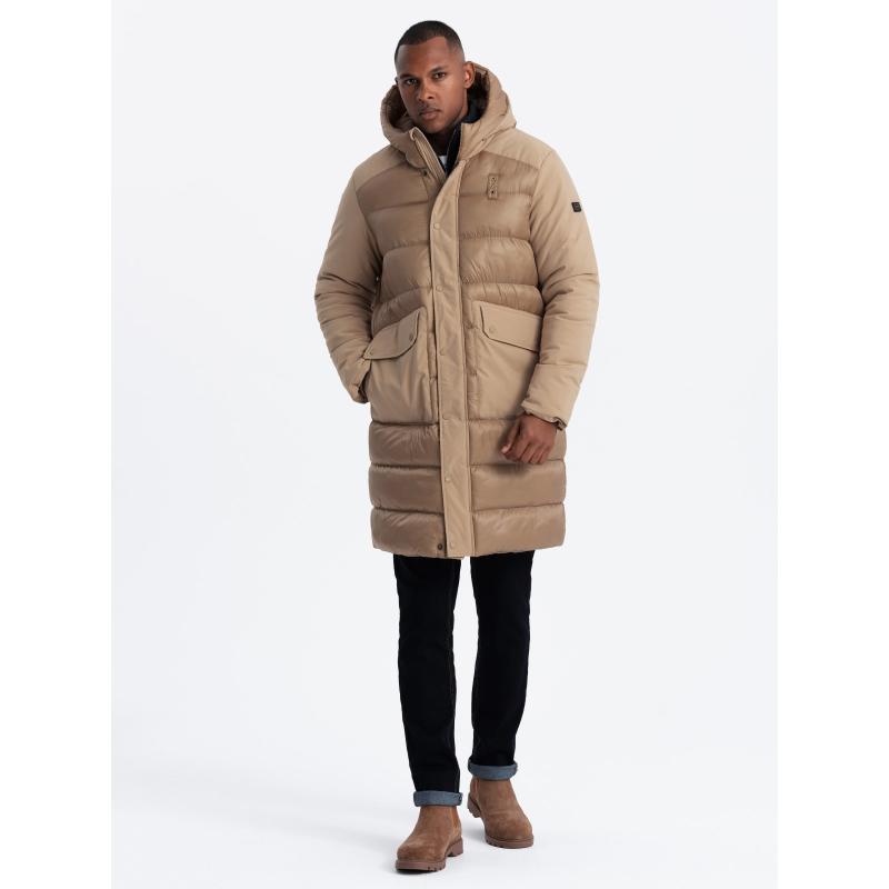 Férfi hosszú steppelt kabát nagy zsebekkel - bézs V2