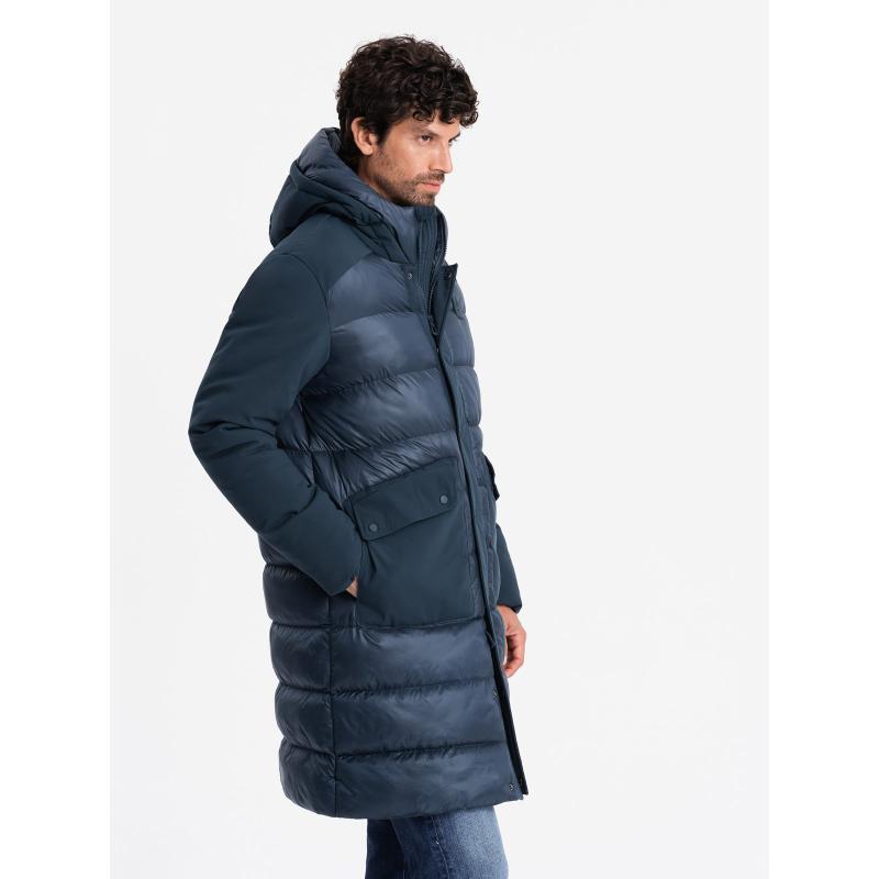 Férfi hosszú steppelt kabát nagy zsebekkel - sötétkék V4