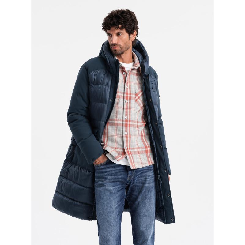 Férfi hosszú steppelt kabát nagy zsebekkel - sötétkék V4