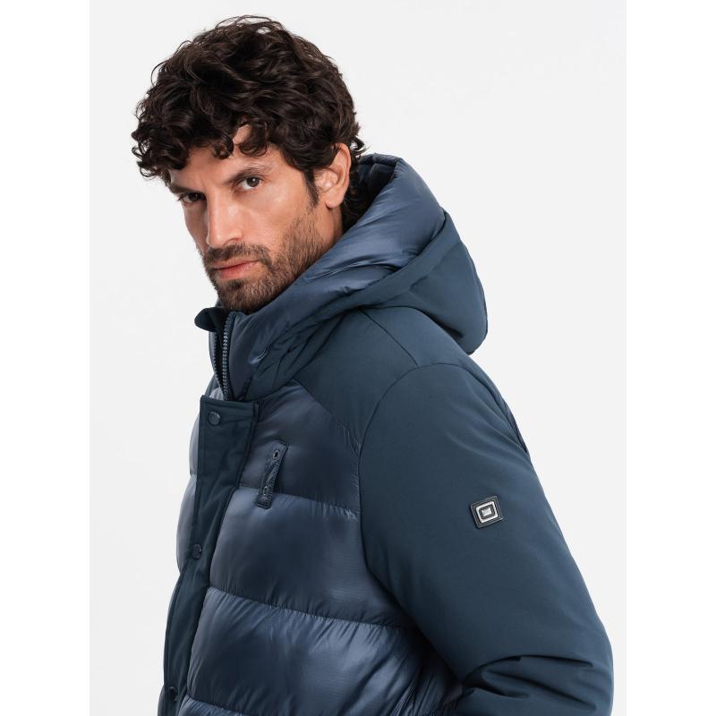 Férfi hosszú steppelt kabát nagy zsebekkel - sötétkék V4