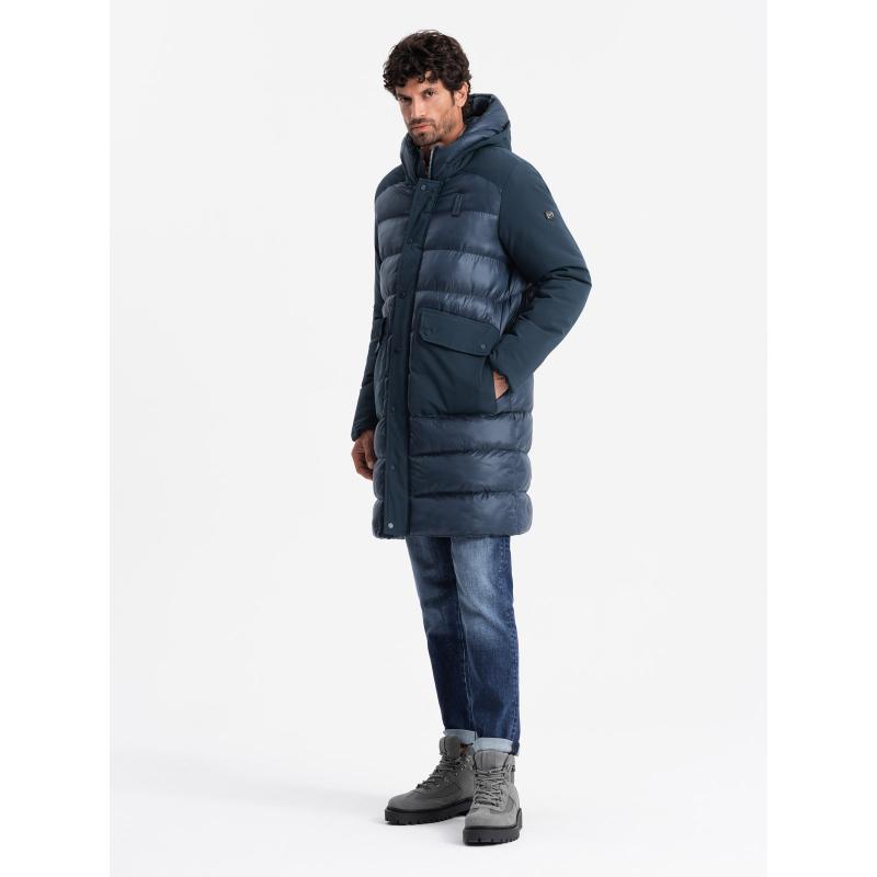 Férfi hosszú steppelt kabát nagy zsebekkel - sötétkék V4