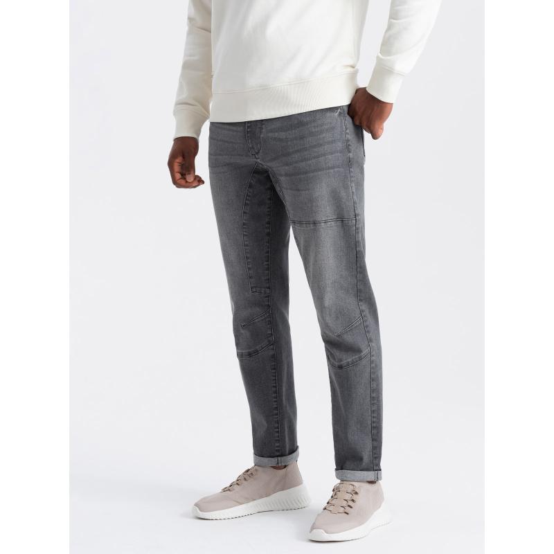Pánské džínové kalhoty TAPER FIT s prošíváním a ohrnutými nohavicemi - šedé